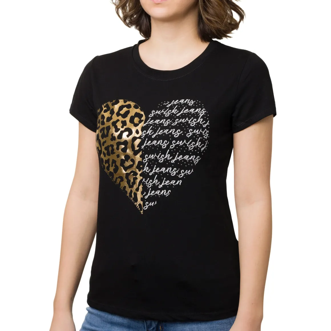T-shirt nera da donna in cotone con stampa oro e nera strass Swish Jeans