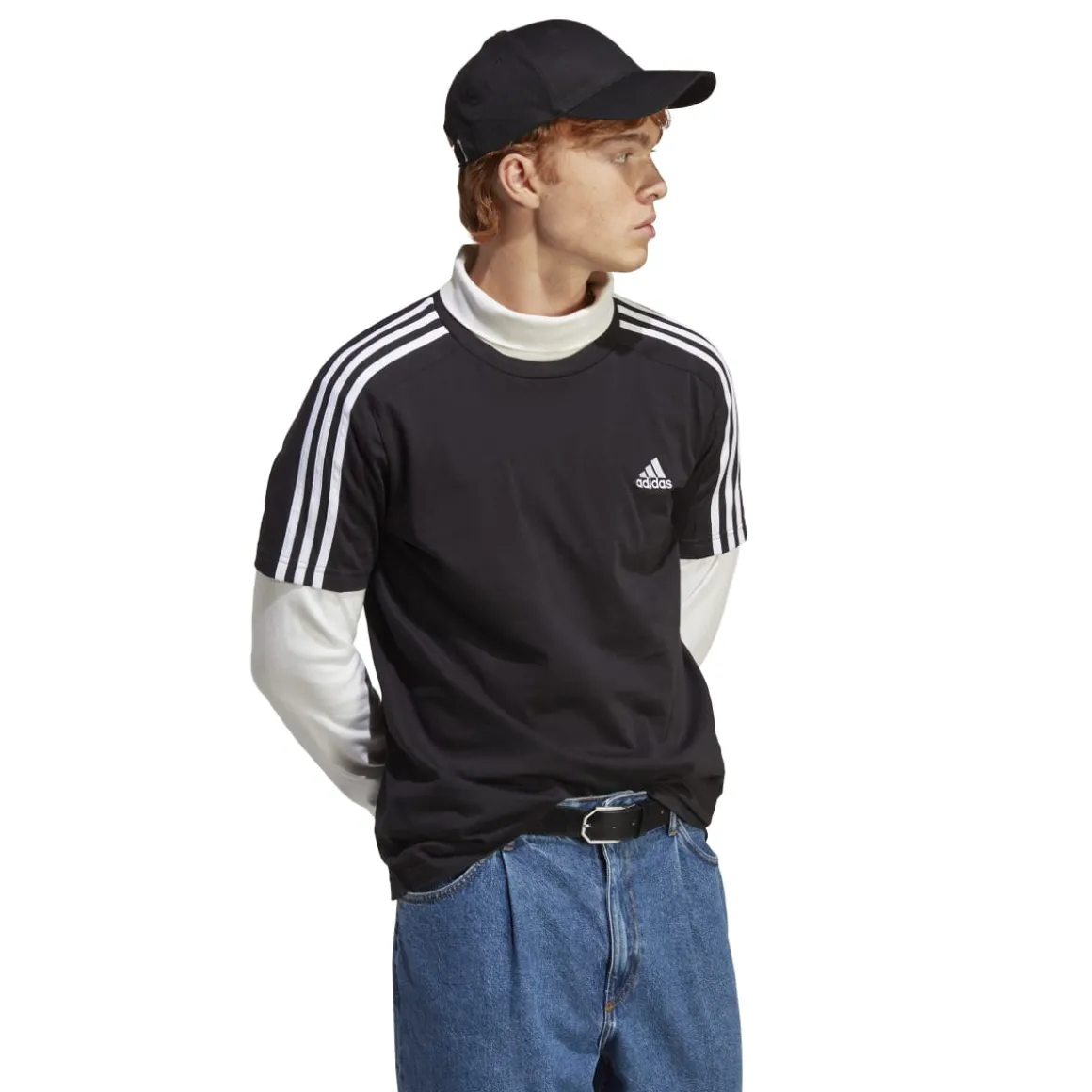 T-shirt nera da uomo con logo sul petto adidas Essentials 3-Stripes