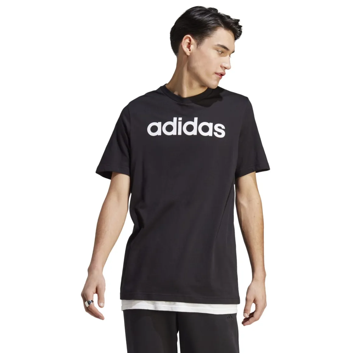 T-shirt nera da uomo Essentials Single Jersey Linear Embroidered Logo adidas