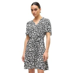 Vestito da donna nero con fantasia a fiori bianchi e con bottoni frontali Vero Moda
