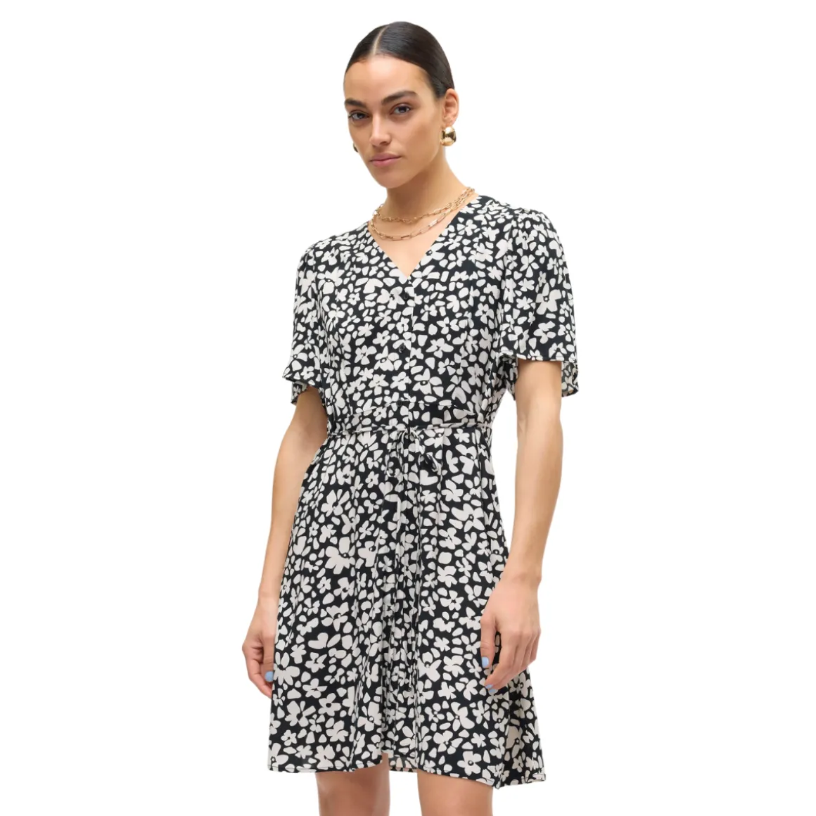 Vestito da donna nero con fantasia a fiori bianchi e con bottoni frontali Vero Moda