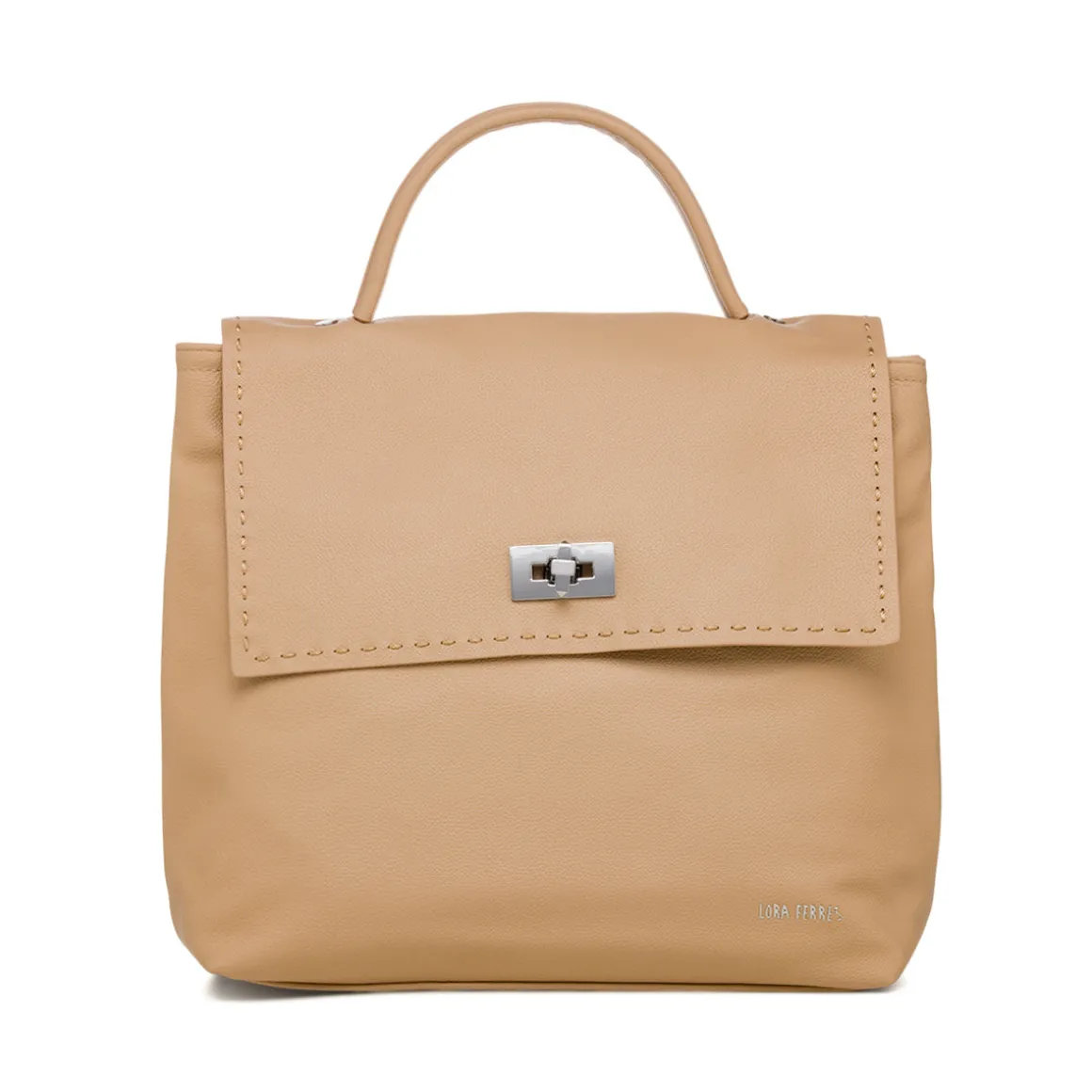 Zaino da donna beige con dettaglio cuciture a vista e logo Lora Ferres