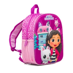 Zaino da scuola piccolo azzurro e lilla con dettaglio La casa delle bambole di Gabby
