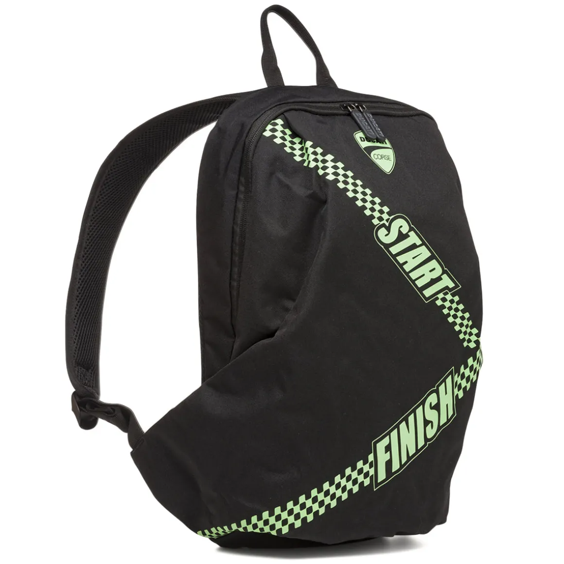 Zaino sportivo nero con dettagli verde fluo e logo Ducati Corse