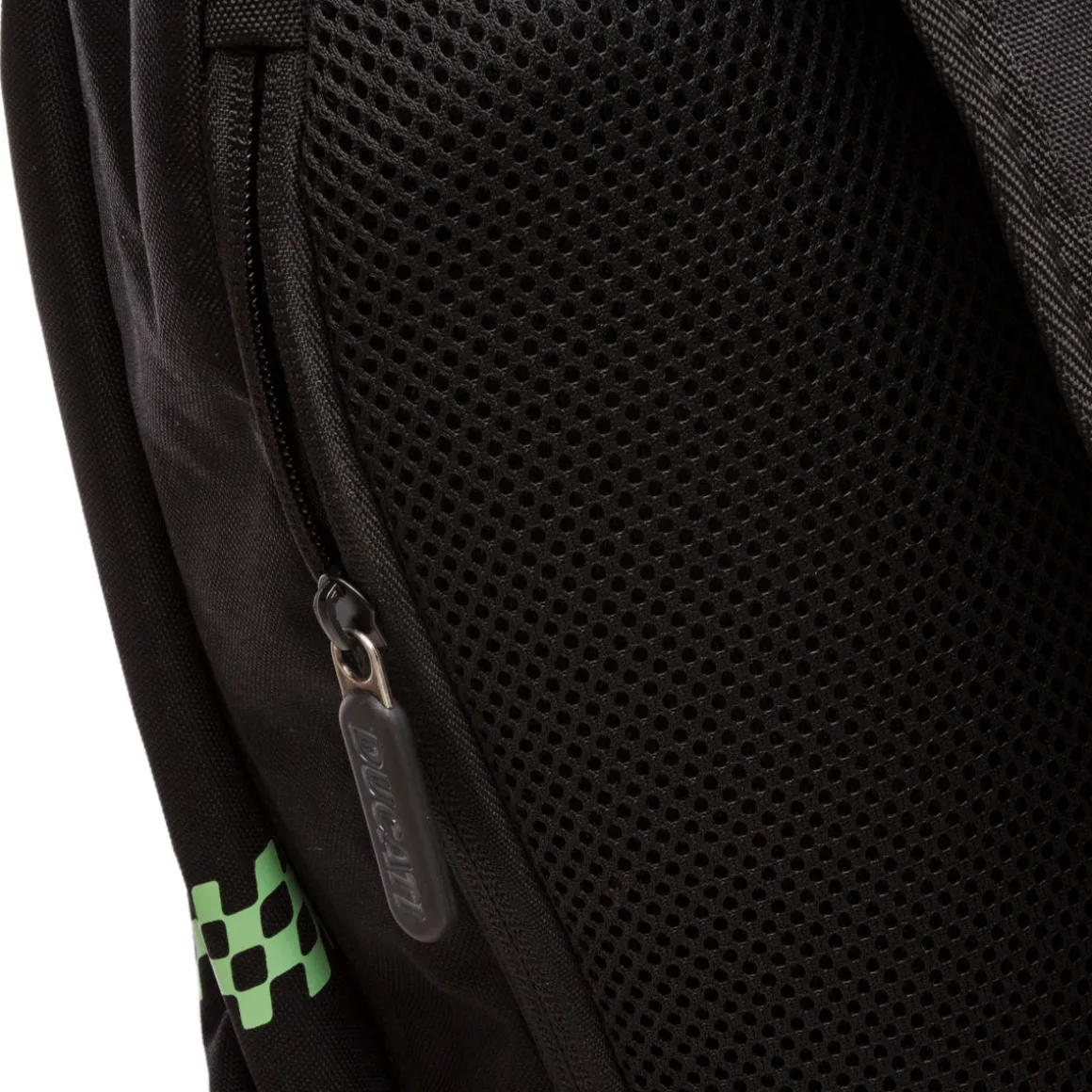 Zaino sportivo nero con dettagli verde fluo e logo Ducati Corse